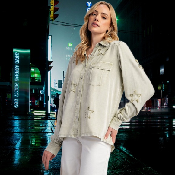 EASEL "STAR STRUCK" Super Soft Mineral Wash Lightweight Shirt, Embroidered Stars - Picture 10 of 16